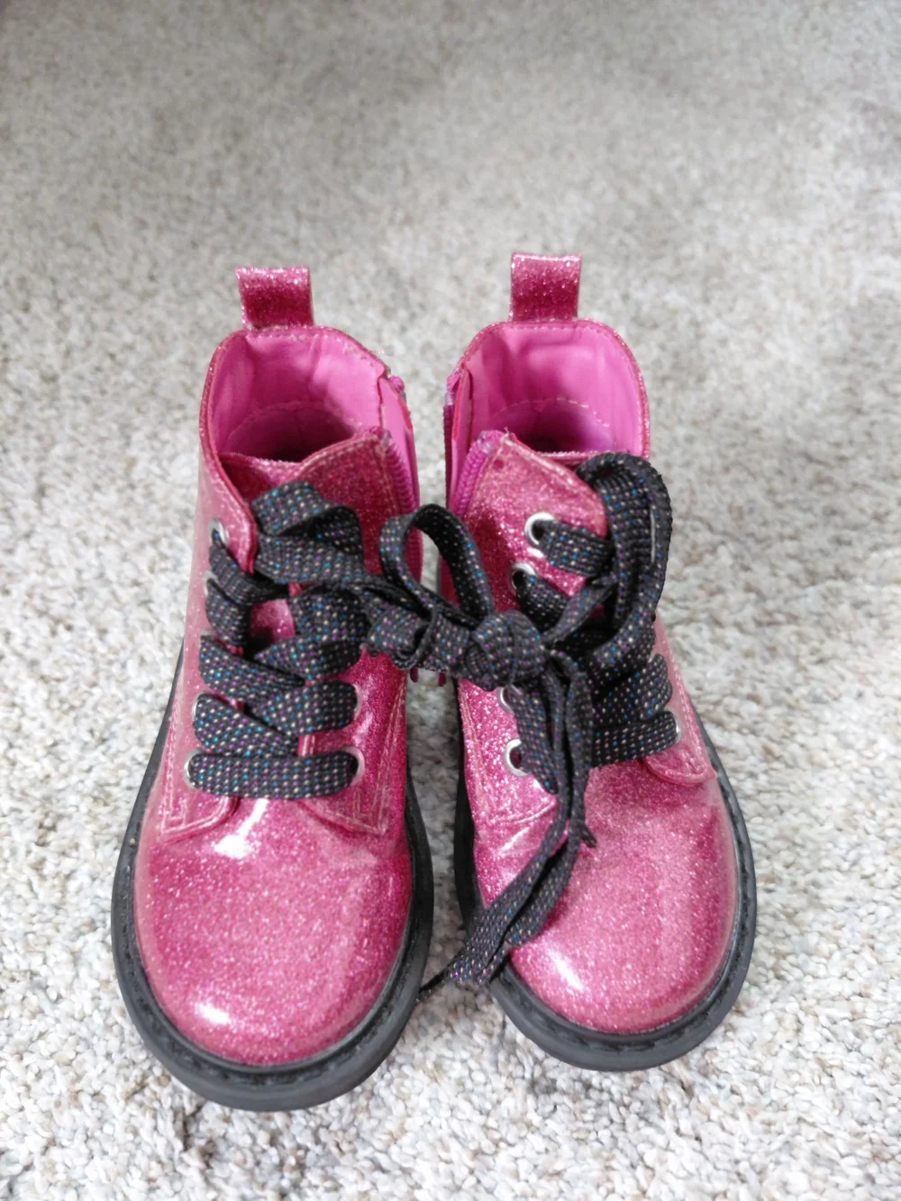Toddler Girls' Sparkle Lace-Up Pink Booties with Sturdy Black Sole